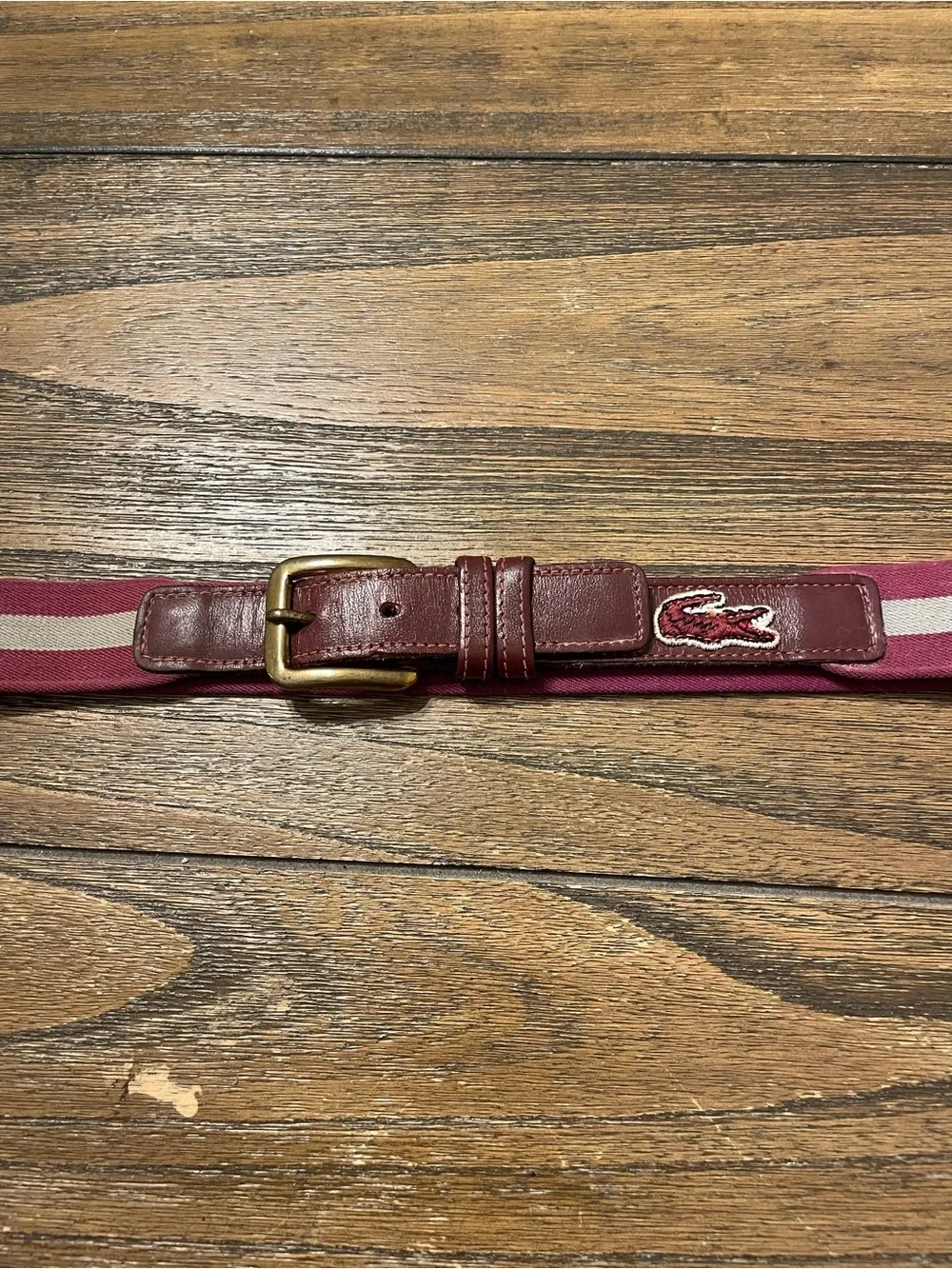 Vintage Lacoste Alligator Belt Men's Size 36/90 Brass Buckle Wine Khaki Stretch